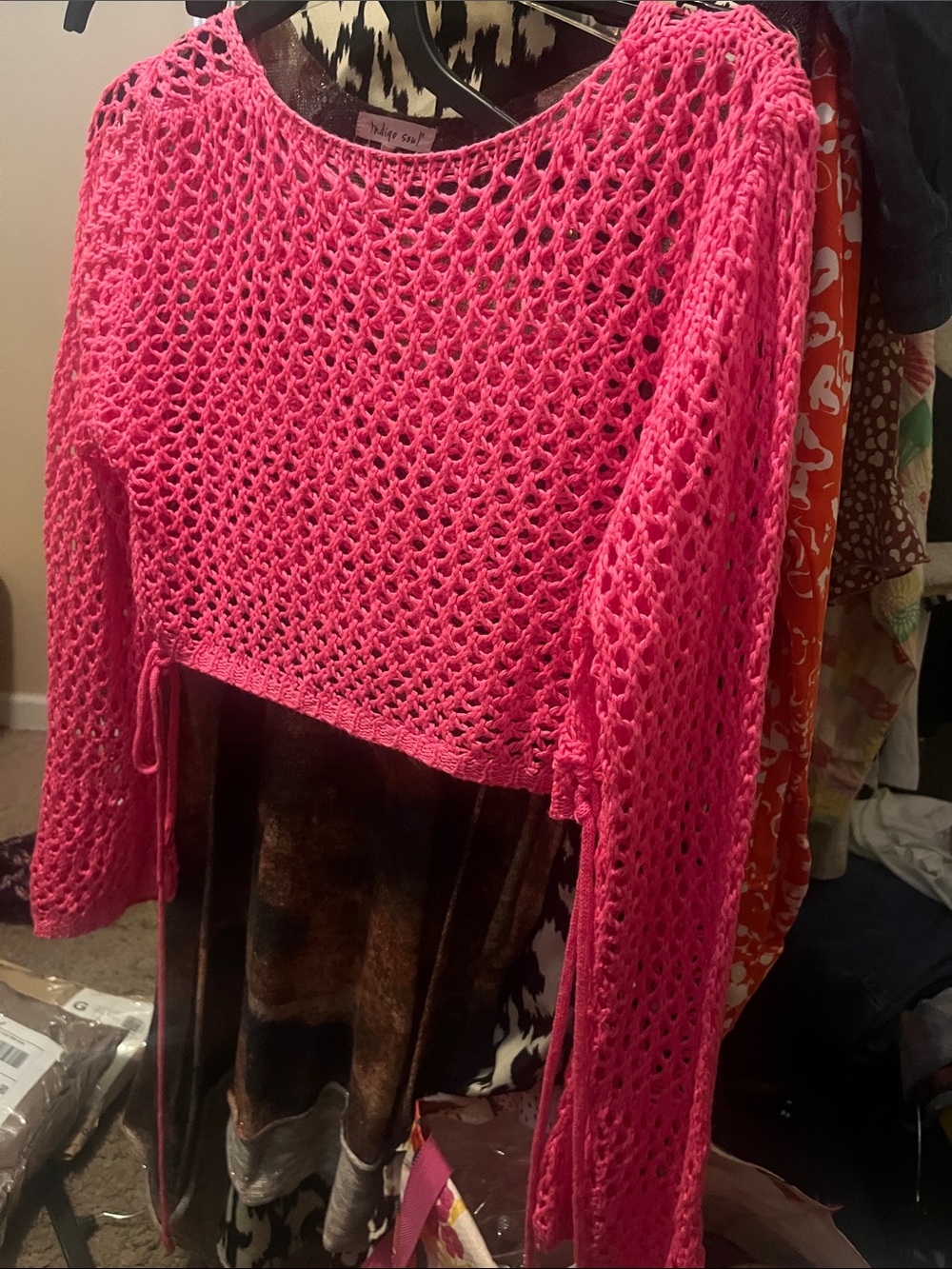 SHEIN Hot Pink Crochet Long-Sleeve Swim Cover-Up Top - Picture 3 of 4